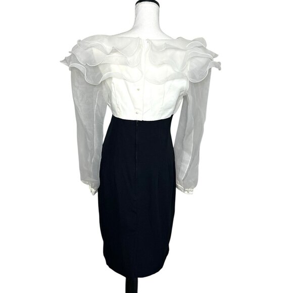 Vtg Michael Marcella 1980's Cocktail Party Ruffle Dress Black White Size 10/12 - Picture 3 of 9